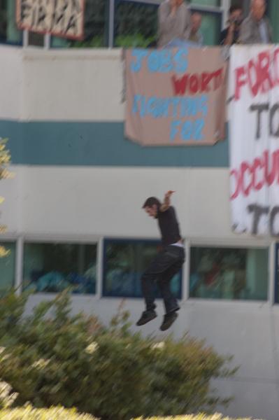 Protester jumping from balcony