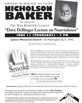 Nicholson Baker to Give the War Resisters League’s “Dave Dellinger Lecture on Nonviolence”