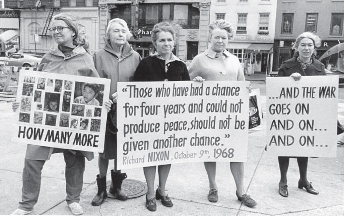 Erika Weihs, Virginia Eggleston, Grace Paley, Molly Wilson and Sybil Claibourne at the weekly Greenwich Village Peace Center vigil. Photo by Ruth Sondak