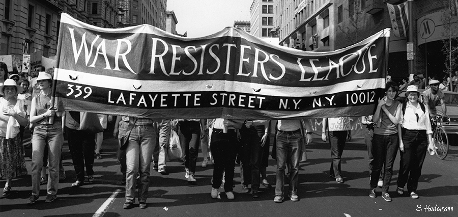 War Resisters League contingent during march from the Ellipse past the White House to the Capitol protesting President Reagan’s military and domestic policies. Washington, DC, April 20, 1985. (Photo by Ed Hedemann)